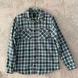 RVCA Flannel Shirt Mens L Teal Navy Plaid Cotton Surf Grunge Skater
